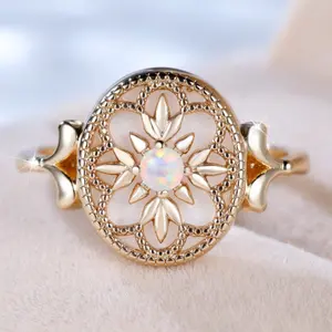 Classic round rose gold plated ring with white opal and floral design for women, classic gold engagement ring, wedding jewelry, everyday wear, gift, party ring.