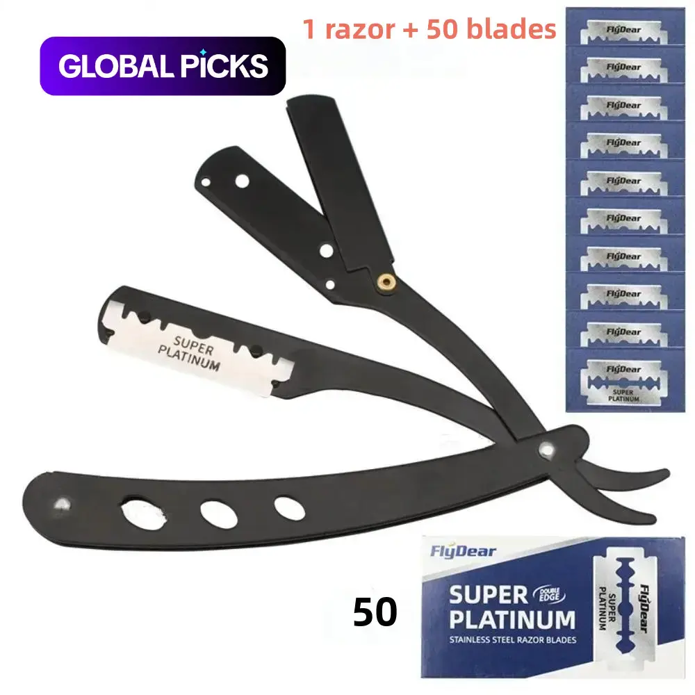 Men's Manual Shaving Razor Set with 50 Stainless Steel Replacement Blades, Manual Shaving Kit, Professional Beard Shaving Tool, Barber Shaver Set #GLOBAL PICKS