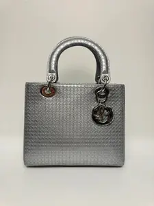 Pre-owned Dior leather Shoulder Bags LADY MEDIUM METALLIC SILVER