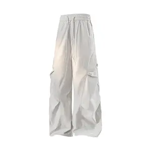 Men's Cargo Pants with Crinkle Texture and Large Pockets, Loose Wide-Leg Long Pants