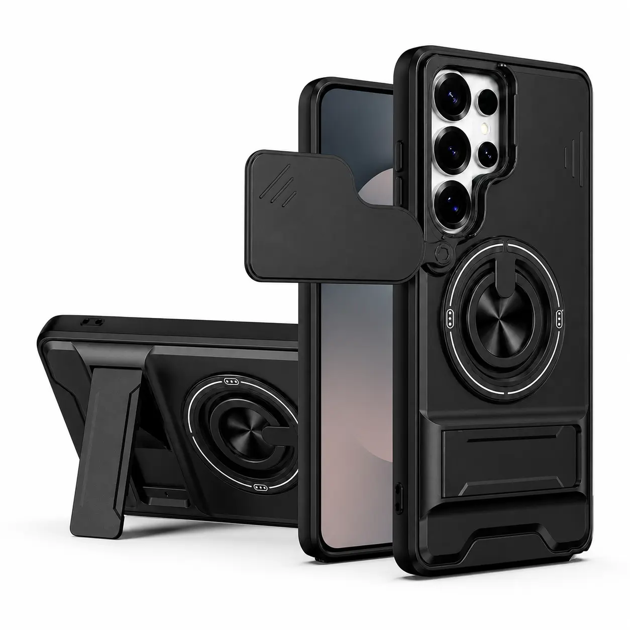 Shockproof Magnetic Phone Case with Lens Protector for Samsung Galaxy S26/S25/S24/S23/S22/S21 Ultra, 360 Rotating Ring Holder Case, Sliding Camera Cover, Dual Kickstand, TPU+PC Armor Protective Shell