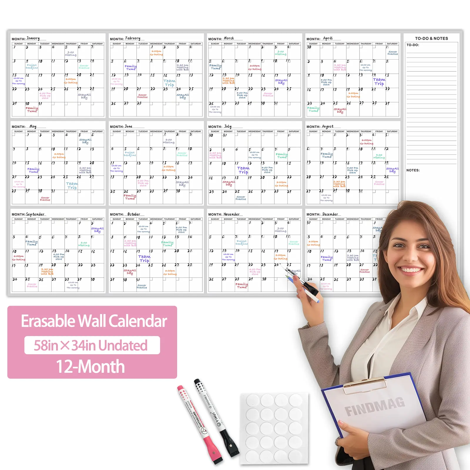 Dry-Erase Wall Calendar - 58x34in Undated 12-Month Reusable Whiteboard Organizer with Calendar Design, Large Numbers and Text, Smooth Writing, Easy Wall Wipe-Clean, Vertical Monthly Planner for Home Office, School