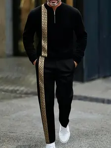 Men's fashion black and gold trimmed half-zipper sweater set, unique paper print to create a casual image of a man, adult casual wear in all seasons, high-quality fabric texture, suitable for gift-giving travel