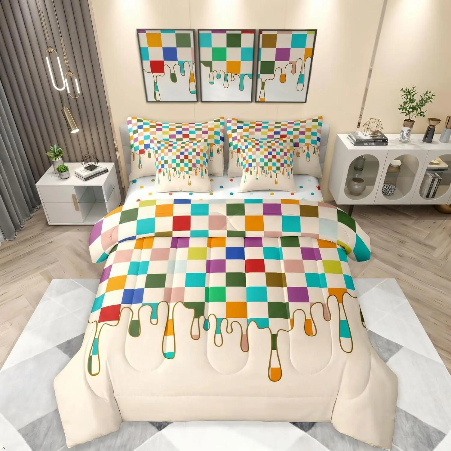 Feelyou 7-Piece Pastel Checkered Comforter Set Bed-in-a-Bag, Multi-Size Checkerboard Grunge Look Bedding with Sheets, Retro 2000s Home Bedroom Decor