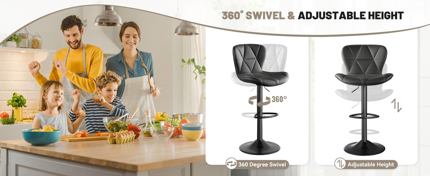 Modern Barstool Set of 2, Adjustable Faux Leather Upholstered Swivel Counter Stools, Counter Height Barstools with Back for Kitchen Island