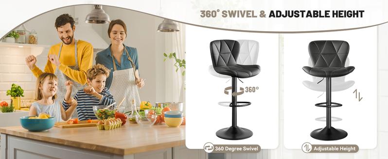 Modern Barstool Set of 2, Adjustable Faux Leather Upholstered Swivel Counter Stools, Counter Height Barstools with Back for Kitchen Island