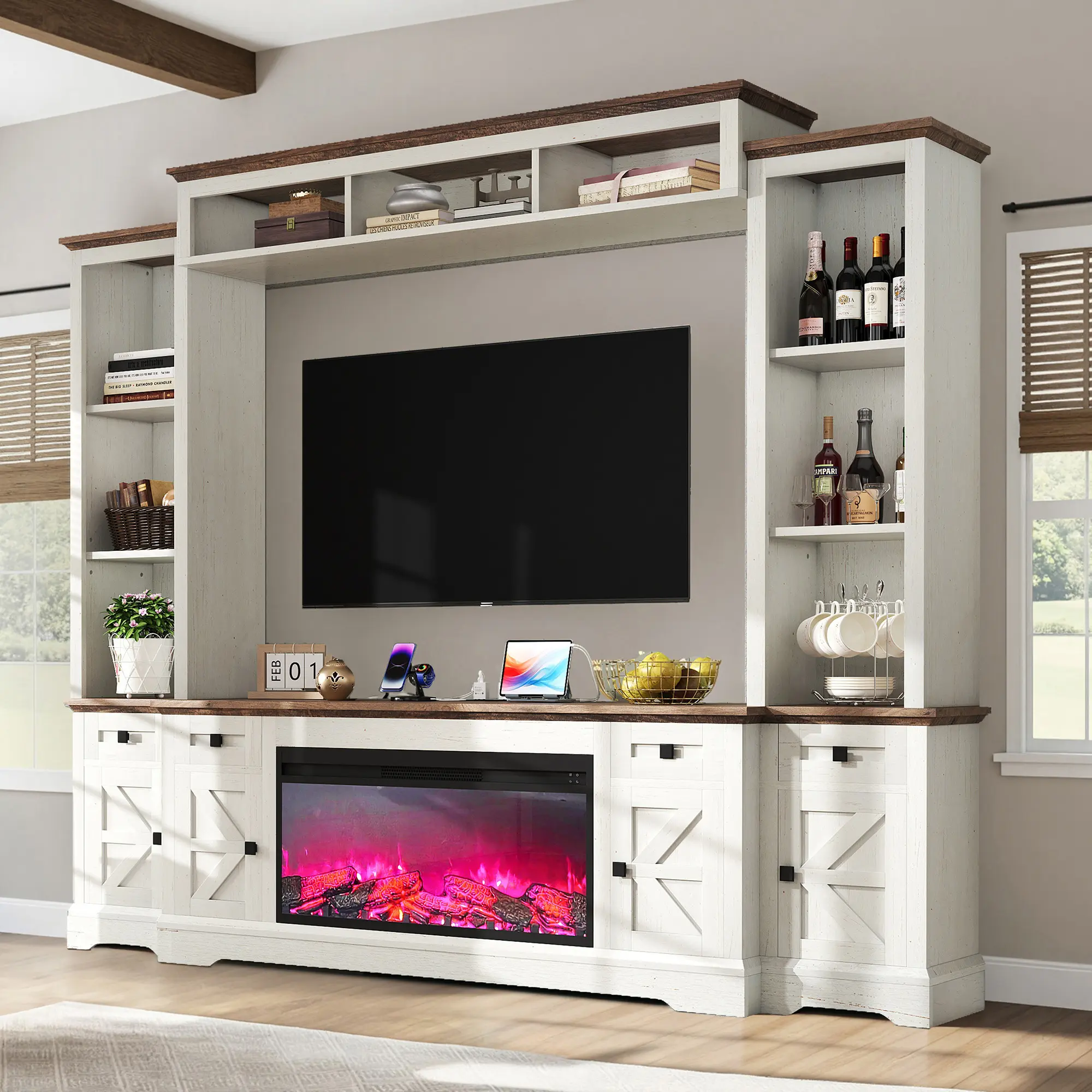 [Ships in 3 Boxes] ALBOTT 98" Farmhouse Entertainment Center TV Stand with 36" Fireplace | Large Wall Unit Fits 75" TVs, Bookshelf, Wine Cabinet, Media Console with Power Outlets & Barn Doors, Living Room[tiktokshopbacktoschool][SohoChic]