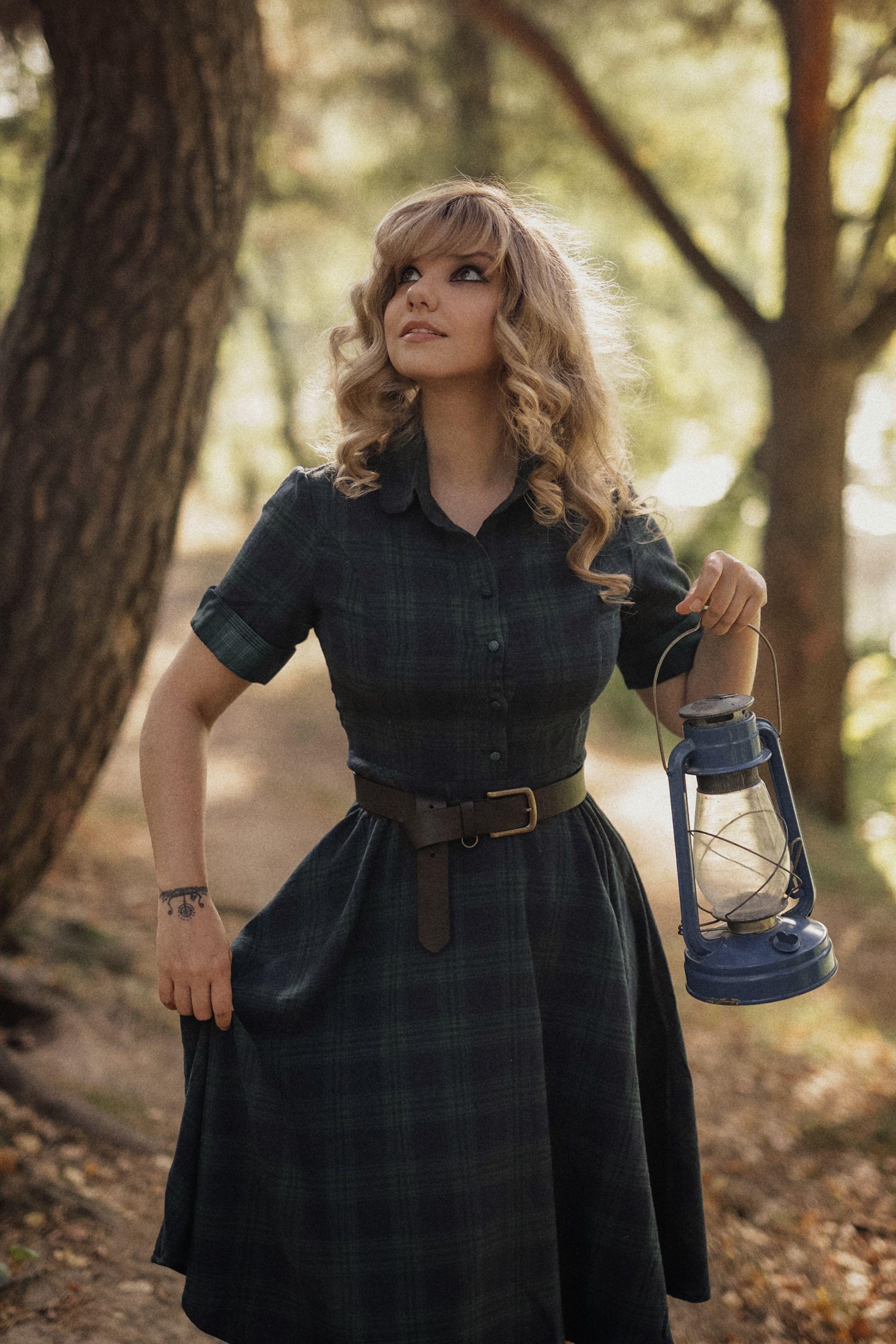 Retro Stage 1950S Green Plaid Short Sleeve Shirt Dress with Cinched Waist & Flared Skirt for Casual Outings & Dates - Classic Look & Comfortable Fit Womenswear Collared Shortsleeve Summer Basic Minimalist Vintage Girly Clothes Suits Gamis Fitted