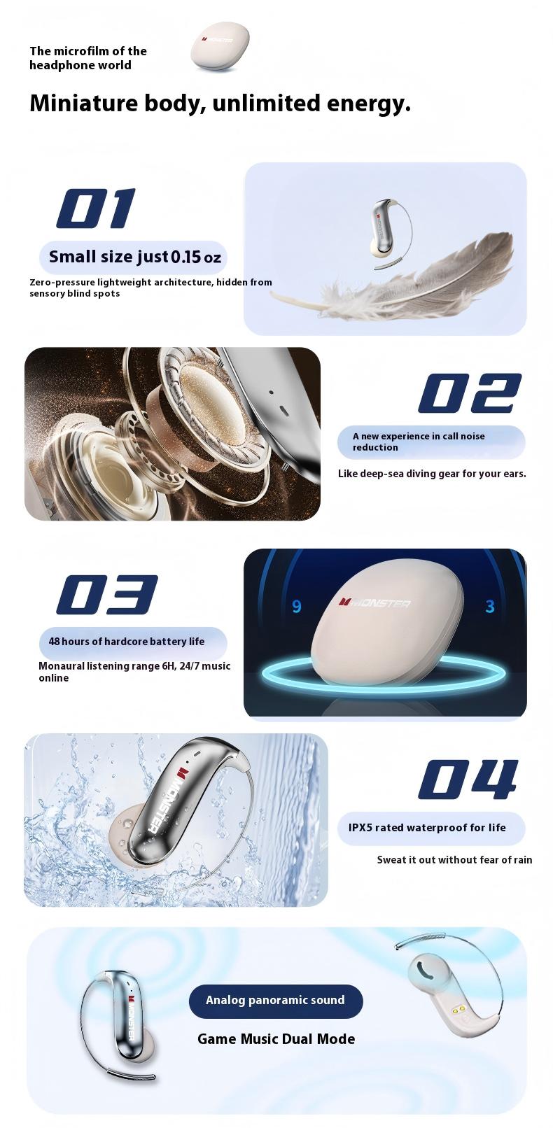 Monster Smart Wireless Bluetooth 6.0 Earbuds - 0-Gravity Titanium Earhook, Sturdy Noise Free, Light Weight Earbuds, 145H Playtime, Waterproof, Sweatproof Audios Cool Gadgets for Gym, Gift Ideas Monster Smart Wireless Bluetooth 6.0 Earbuds - 0-Gravity Titanium Earhook, Sturdy Noise Free, Light Weight Earbuds, 145H Playtime, Waterproof, Sweatproof Audios Cool Gadgets for Gym, Gift Ideas