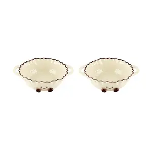 KAWASIMAYA 9-Inch Cocoa Bean Ceramic Double Handle Soup Bowl - Set of 2, Large Serving Bowl for Home Kitchen Dining