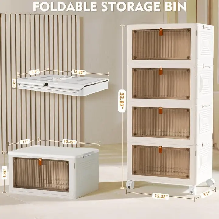 7CODE 4 Tier Plastic Storage Bins with Lids , Stackable Storage Containers with Wheels, Folding Storage Boxes, Collapsible Storage Bins, Closet Organizers and Storage for Living Room,Kitchen,Office,dorm essentials,home decor