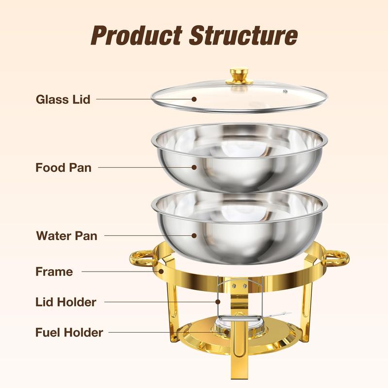 WARMOUNTS 5QT Gold Chafing Dish Buffet Set, Upgrade Gold Accent Stainless Steel Chafers and Buffet Warmers Sets with Glass Lid & Lid Holder for Parties Catering Events Weddings Banquets,Parties