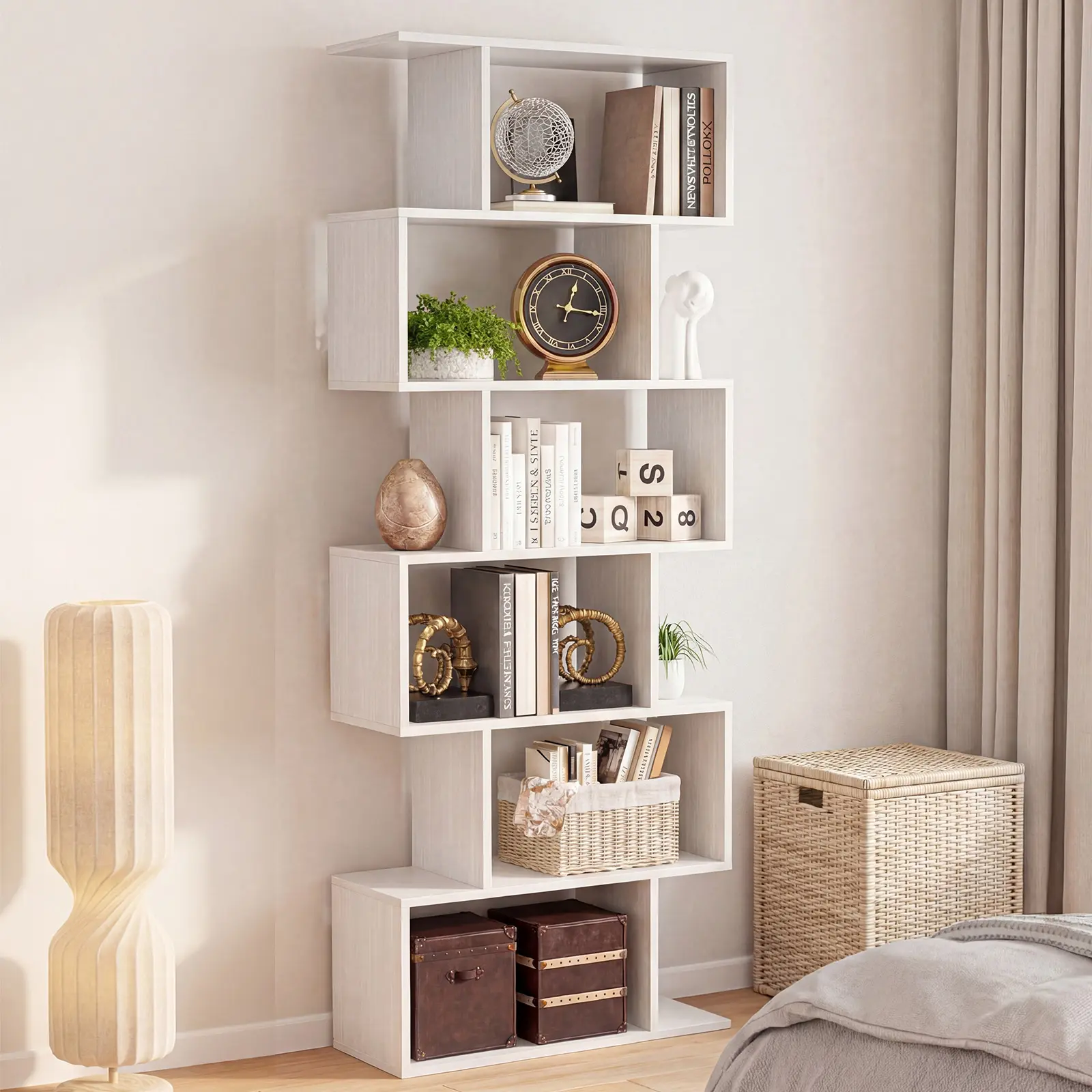 Sweetcrispy 5-Tier S-Shaped Wood Geometric Modern Bookshelf - Minimalist Tall Indoor Shelves, Room Divider with Clean Lines, Artistic Focal Point, Bedroom Decor, Living Room Decor for Storage Organization, Living Room Decorations