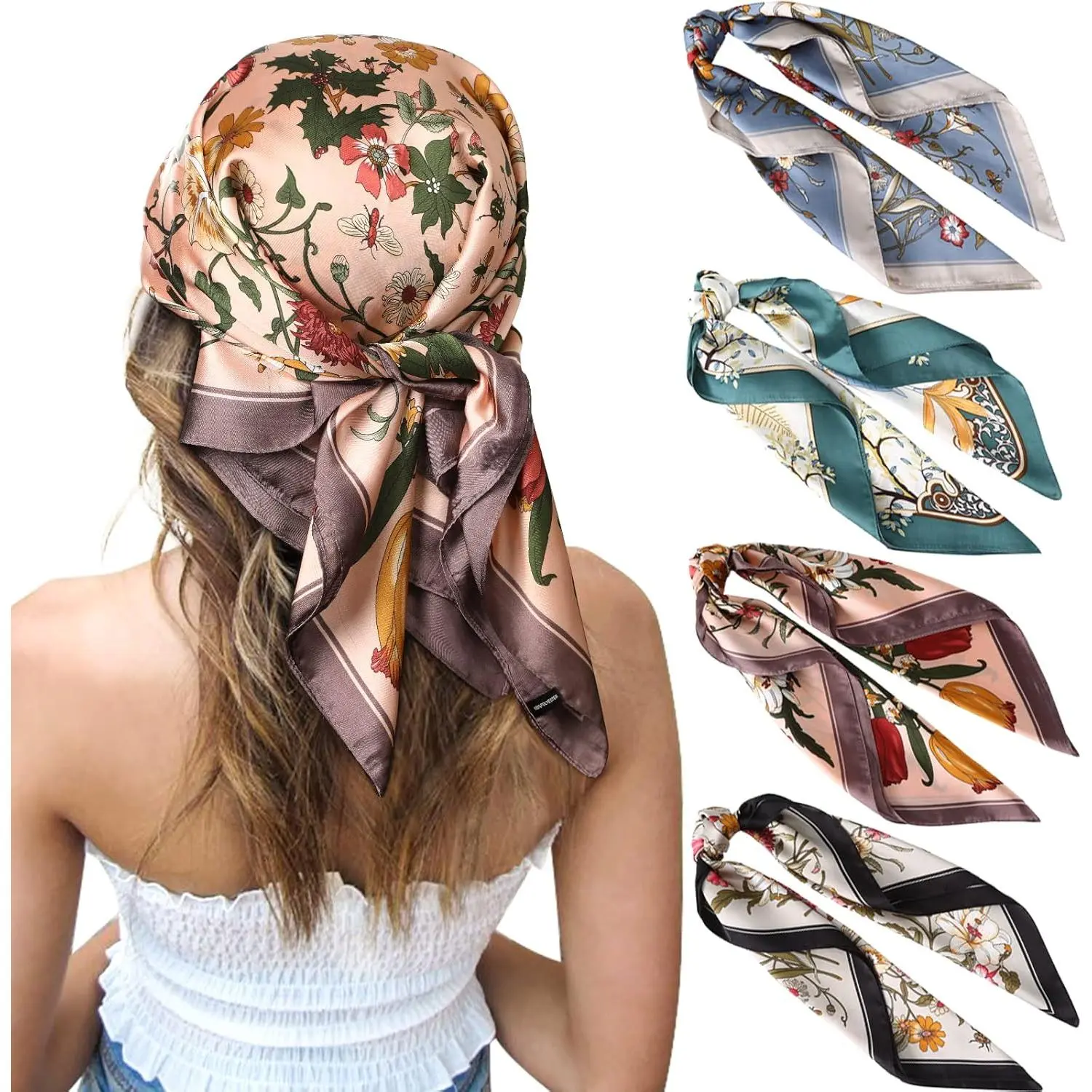 Women's 4-Pack Soft Breathable Polyester Silk-Feeling Satin Square Head Scarves (27x27in/70x70cm) - Hair Bandanas, Neckercief, Handbag Accessories, Matching Headscarf for Wedding, Everyday Use