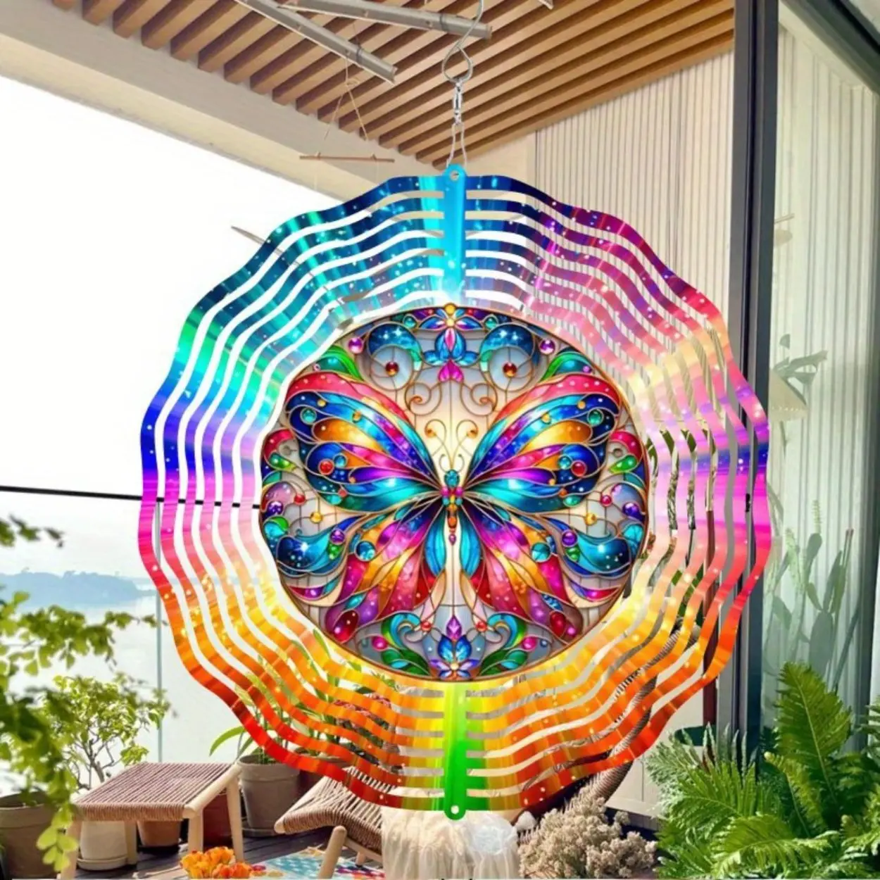 Boho Butterfly Wind Spinner Rainbow Stained Glass Decorative Wind Chime for Outdoor Garden Patio Decor Weatherproof Metal Hanging Ornament Gift for Christmas Halloween Easter Bohemian Wind Chime