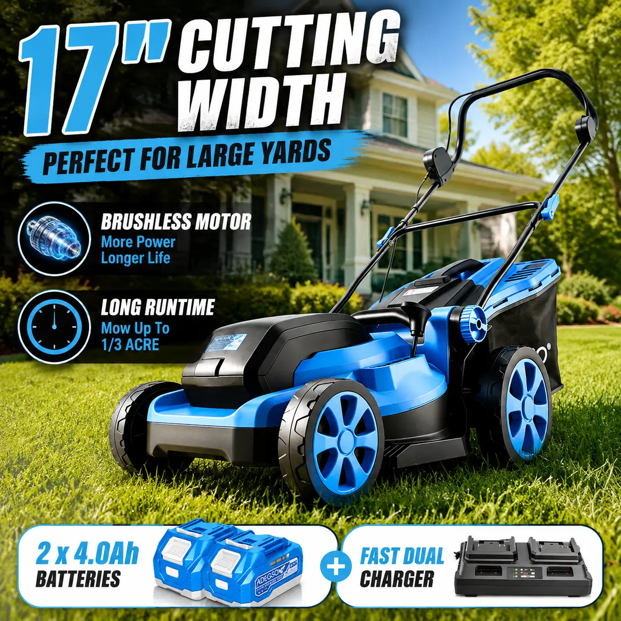 21V Brushless Cordless Lawn Mower, 17-in Battery-Powered Push Walk-Behind Garden Tool with 2x 4.0Ah Batteries & Charger, 2-in-1 Mulching, 6-Position Height Adjustment for Small Lawns