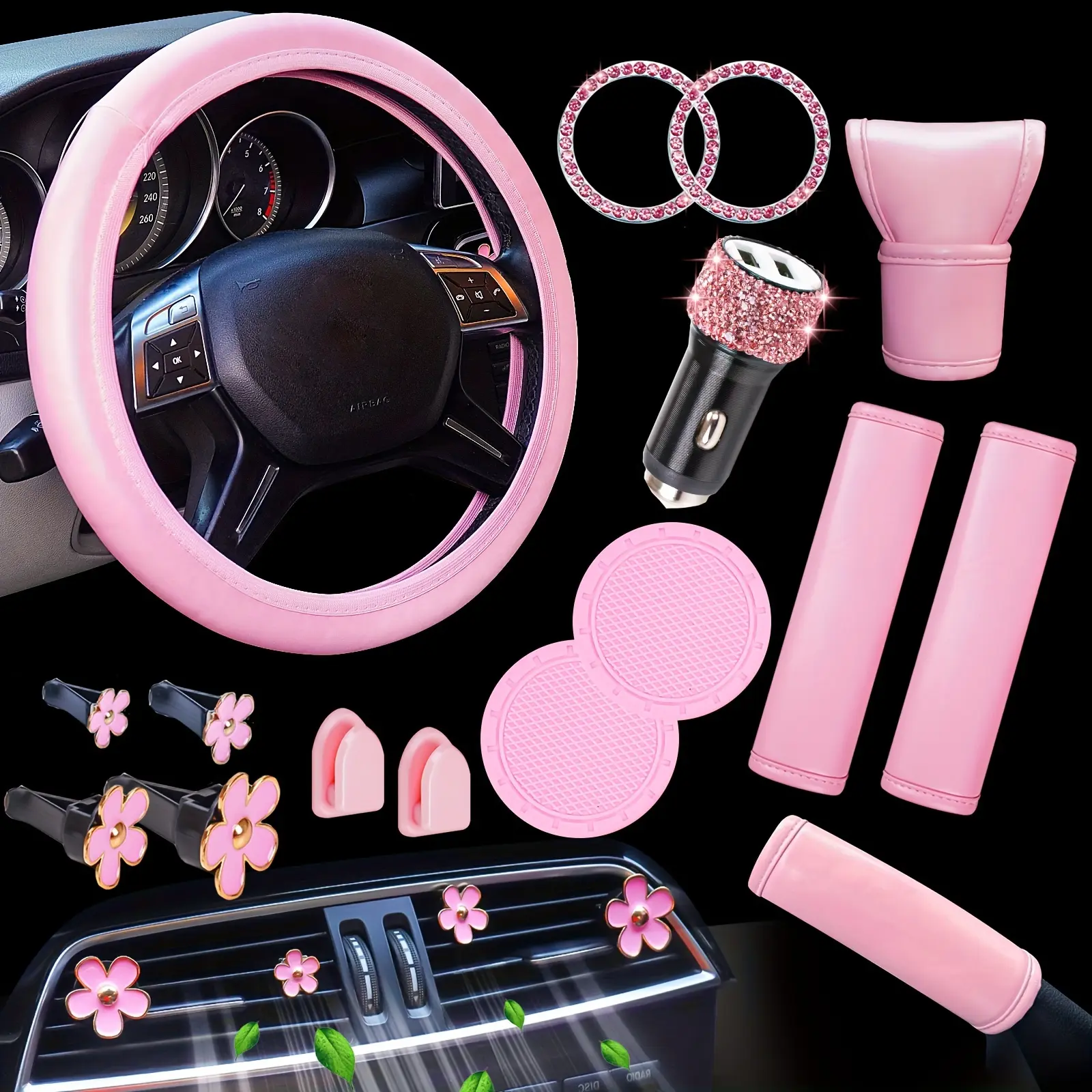 NBTEPEM Women's 16-Pcs Pink Cute Car Interior Kit - Universal 15-In PU Leather Steering Wheel Covers, Dual USB Fast Charging Auto Accessories, Seat Belt Covers, Flower Vent Clips, Cute Car Accessories