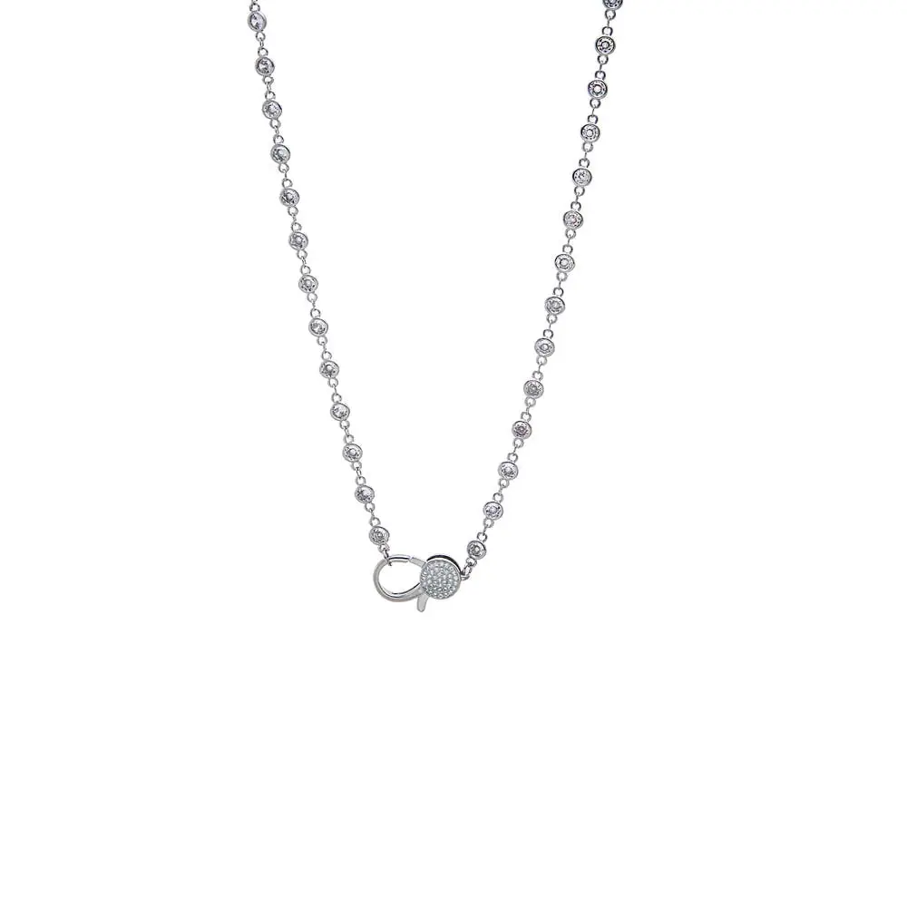 Silver CZ Bezel Pave Lobster Lock Chain Necklace