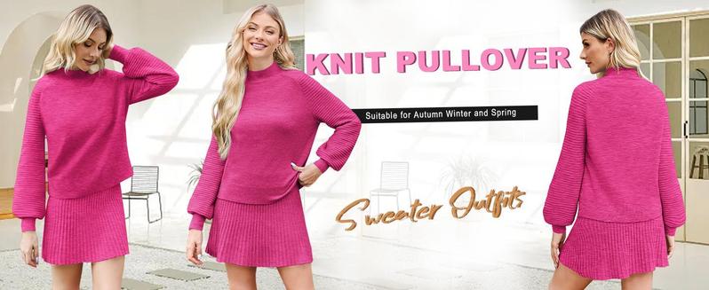 Imily Bela Christmas Women's 2 Piece Outfits Long Sleeve Mock Neck Ribbed Sweaters And Mini Skirt Two Piece Sets