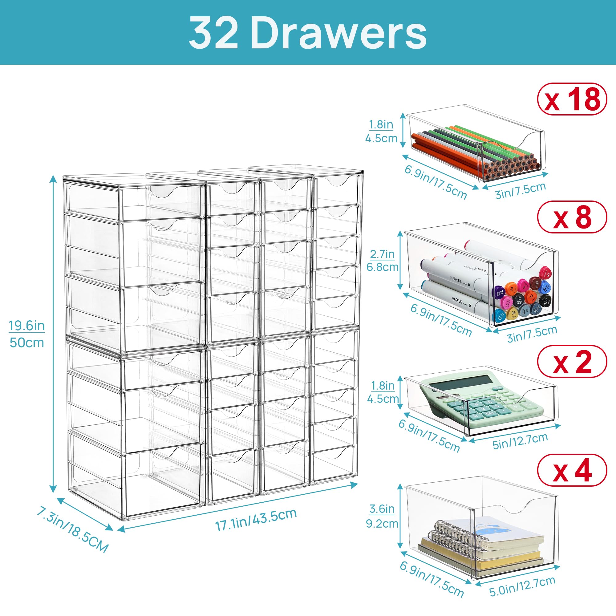 【Live only】Vtopmart Acrylic Organizer with 16/32 Drawers Clear Storage Drawers for Office Supplies Desk Organization and Storage for Makeup Jewelry Art Crafts Non-Slip Silicone Pad Variety of Drawer Options for Desk Vanity Pantry New Year Gift