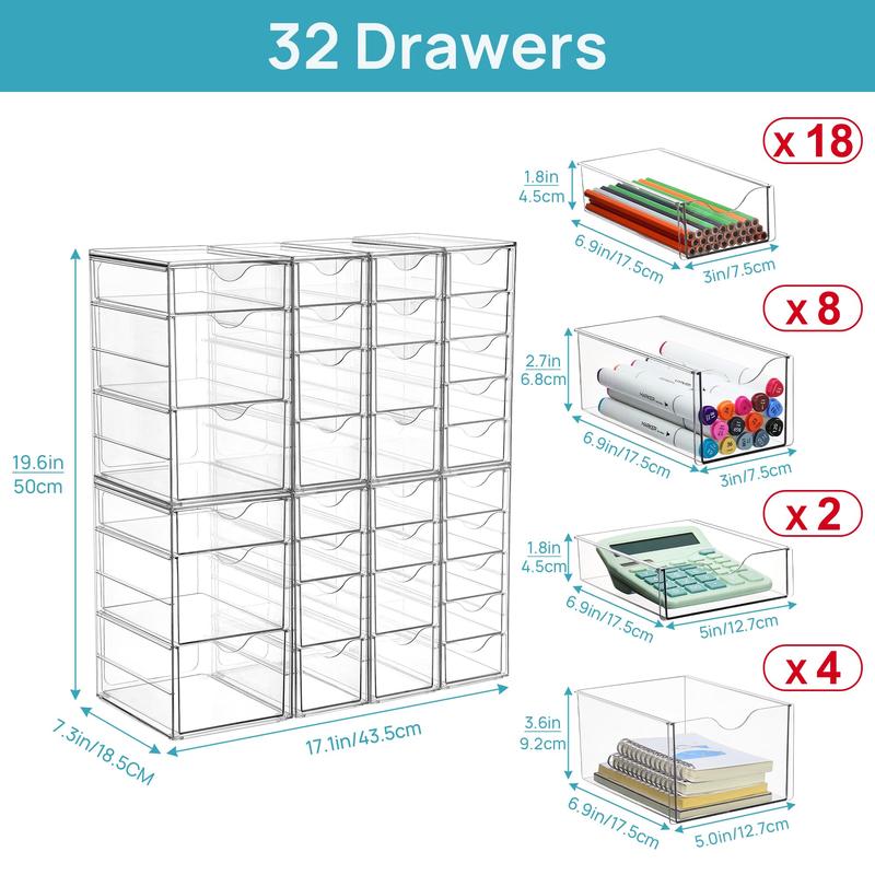 【Live only】Vtopmart Acrylic Organizer with 16/32 Drawers Clear Storage Drawers for Office Supplies Desk Organization and Storage for Makeup Jewelry Art Crafts Non-Slip Silicone Pad Variety of Drawer Options for Desk Vanity Pantry New Year Gift