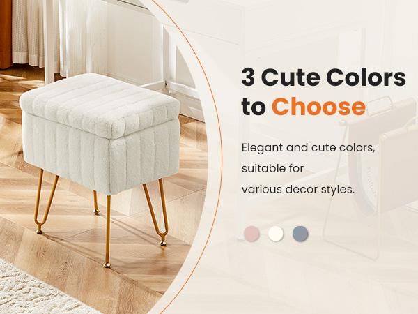 Vanity Stool Chair with Storage, Ottoman Faux Fur Soft Padded Makeup Footstools Seat Modern Footrest for Home Entryway Bedroom