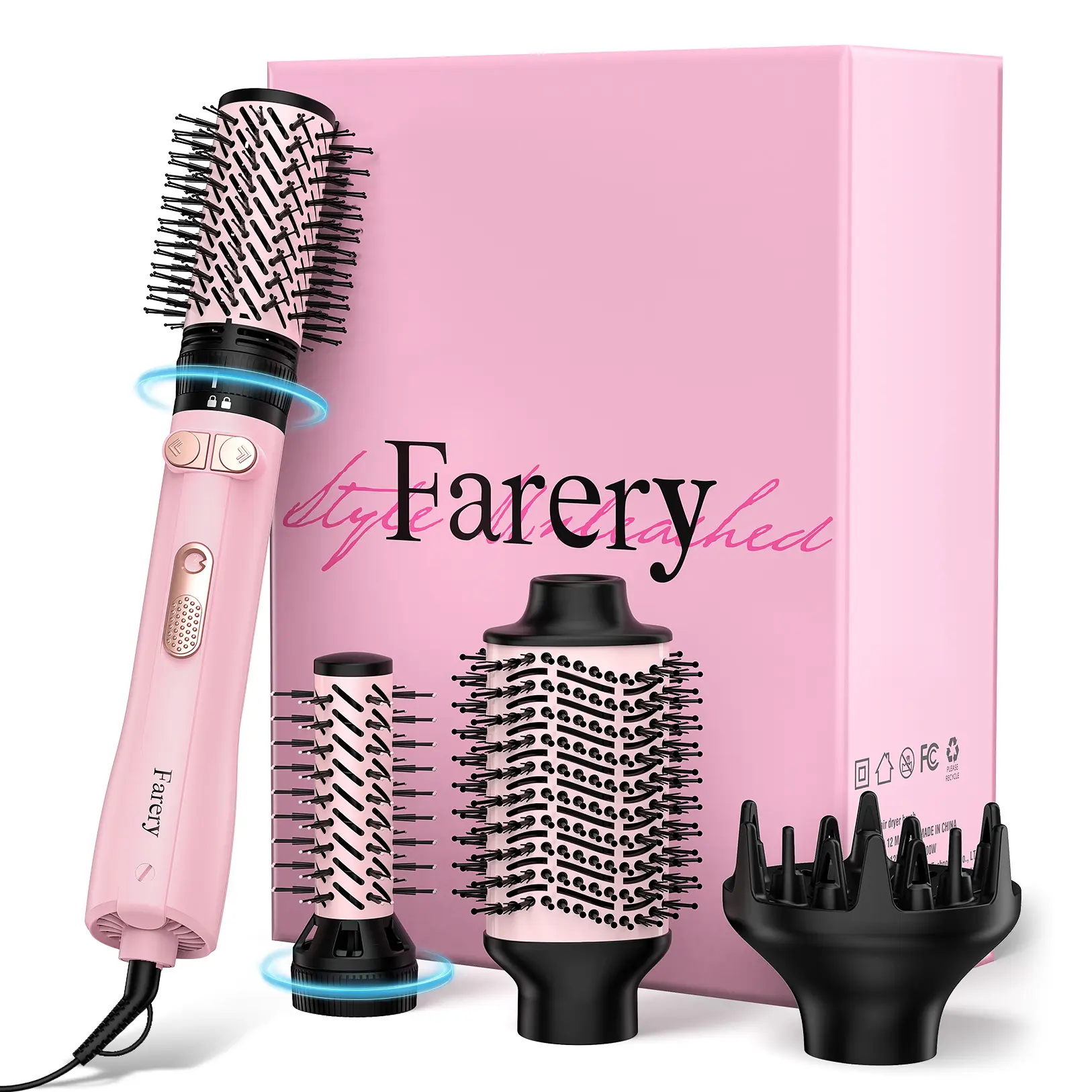 Farery 4-in-1 Rotating Hot Air Styling Brush Set, Oval Volumizing Barrel, 1.5" & 2" Rotating Brushes and Diffuser