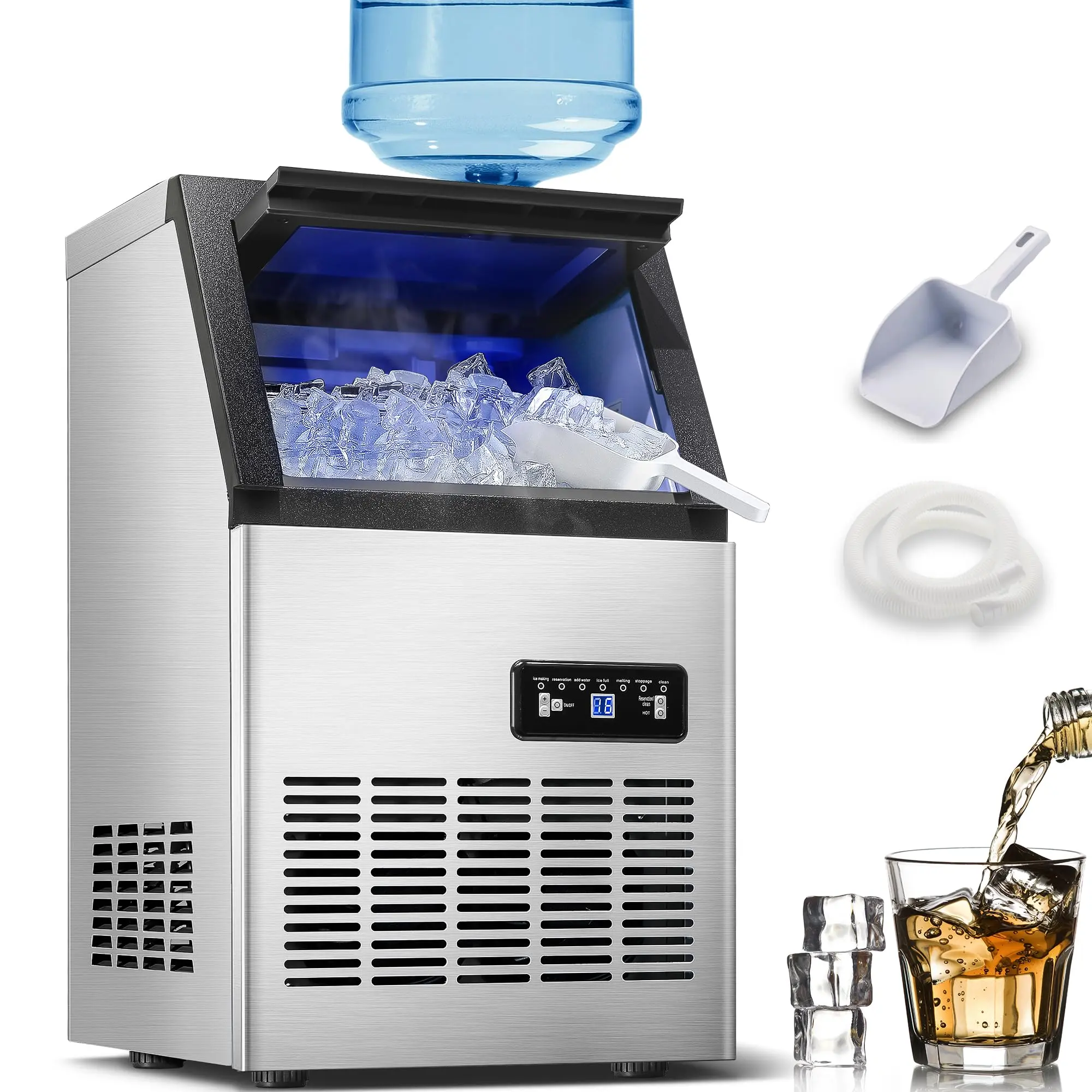 Commercial Stainless Steel Freestanding Ice Cubes Maker Machine, 110 lbs/24H Production, 28 lbs Storage, 2 Water Inlet Modes (5 gal Bucket/Tap Water Supply), Household Home Appliance Kitchen Utensil Party BBQ