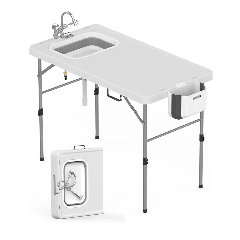 Portable Camping Table with Integrated Basin – Outdoor Folding Fish Cleaning Station, Includes Drainage Hose, Ideal for Backyard BBQ, Patio & Picnic, Collapsible Design with Heavy-Duty Build