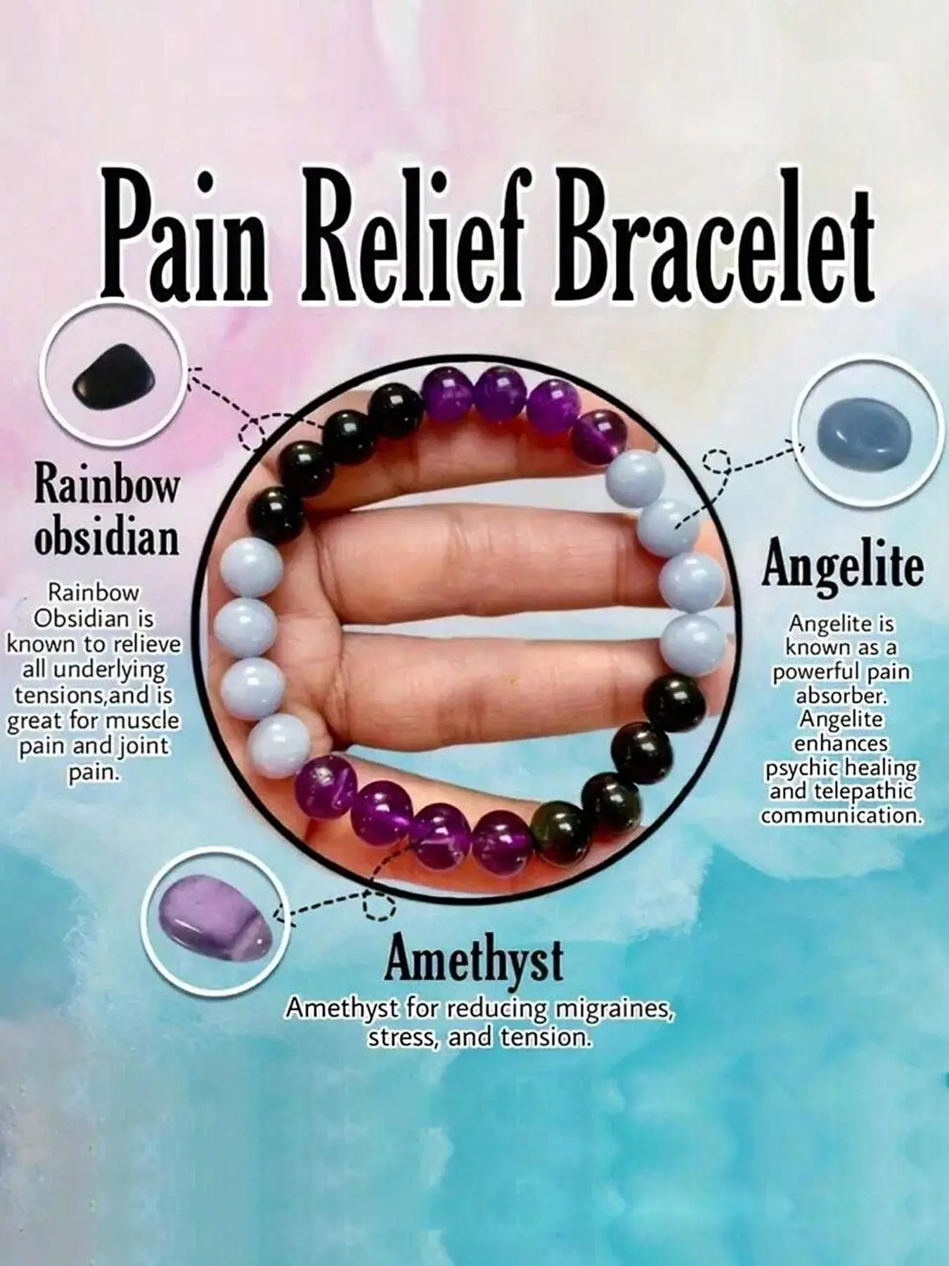 Pain Relief Bracelet, Rainbow Obsidian Angelite Amethyst, Natural Stone Healing Jewelry, Migraine Stress Tension Relief, Muscle Joint Pain Soother, Wellness Accessory, TikTok Viral, Energy Bracelet