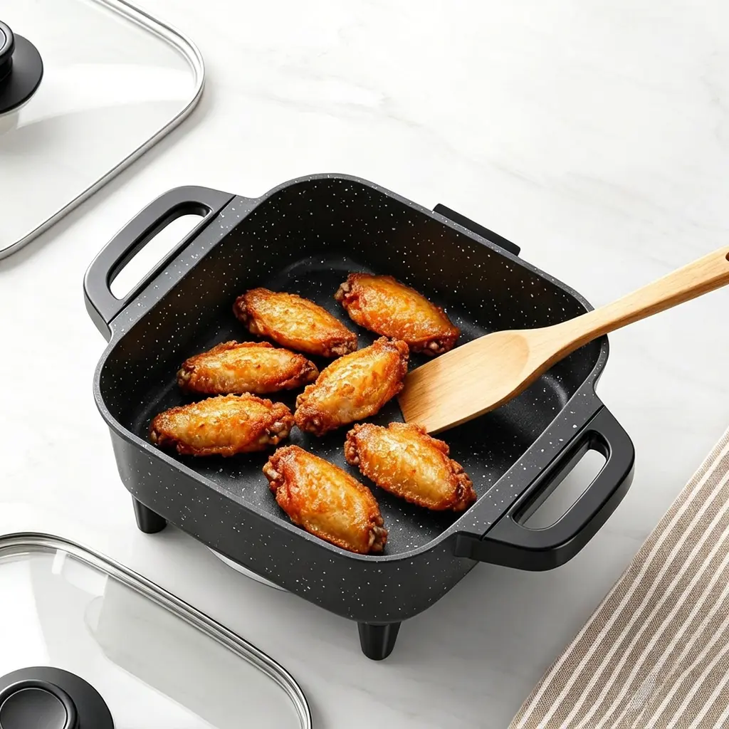 Multifunctional square electric griddle with a nonstick coating and 5-level adjustable temperature control, suitable for stir-frying, deep-frying, and simmering—an easy-to-clean kitchen appliance.