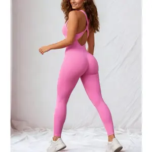 Women's athletic jumpsuit with wide, crisscrossed straps, detachable chest pad, ribbed, high elasticity, comfortable and breathable, suitable for yoga, gym, workouts, running, cycling, golf, tennis, indoor and outdoor sportswear, bodysuits
