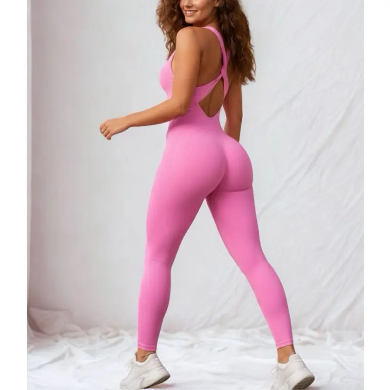Women's athletic jumpsuit with wide, crisscrossed straps, detachable chest pad, ribbed, high elasticity, comfortable and breathable, suitable for yoga, gym, workouts, running, cycling, golf, tennis, indoor and outdoor sportswear, bodysuits