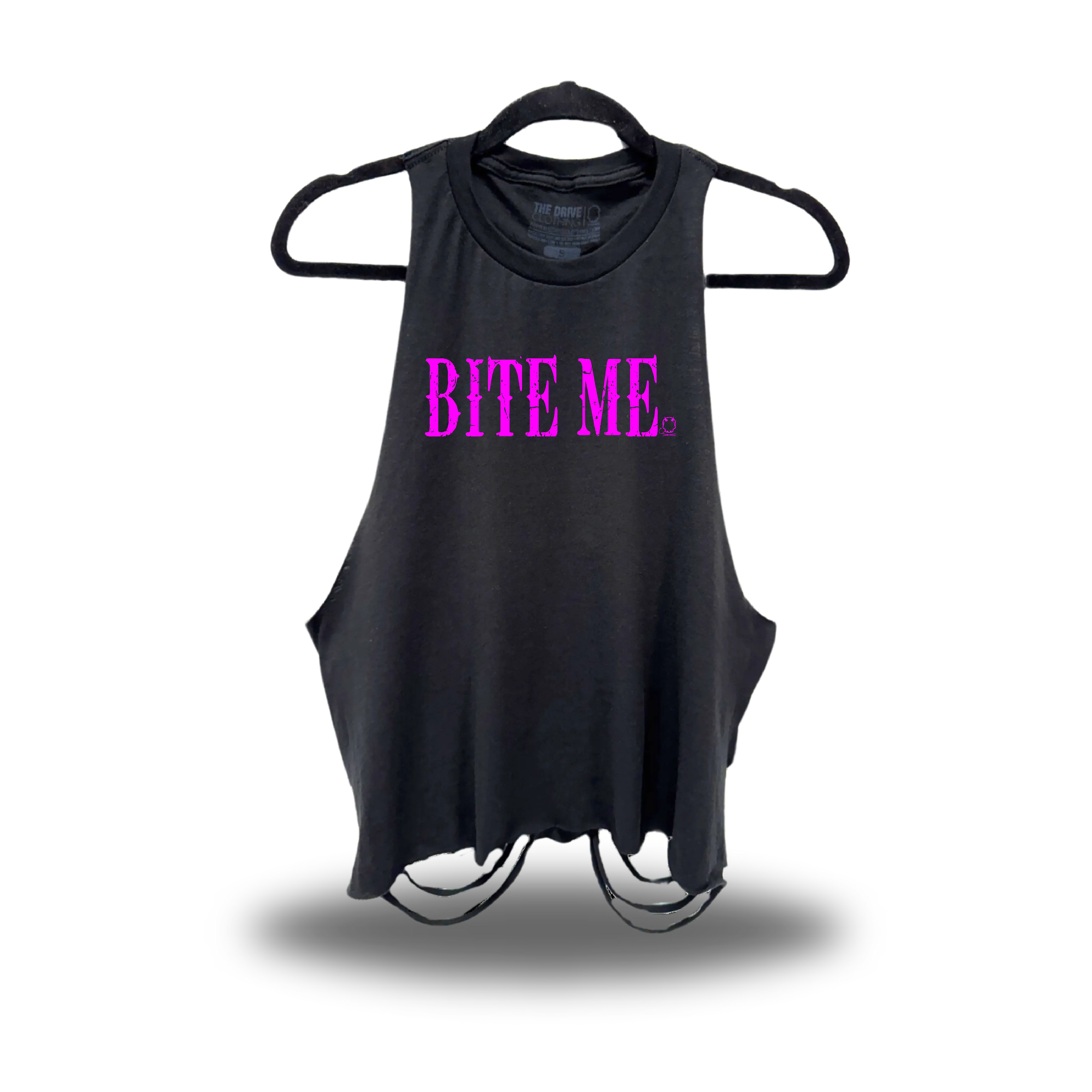 TheDriveClothing Bite Me Black Crop Tank Top 4.0 – Vintage Streetwear Graphic Crop Top, Women’s Oversized Y2K Grunge Biker Fashion Tank, Hot Pink Casual Gym Outfit Apparel for Women