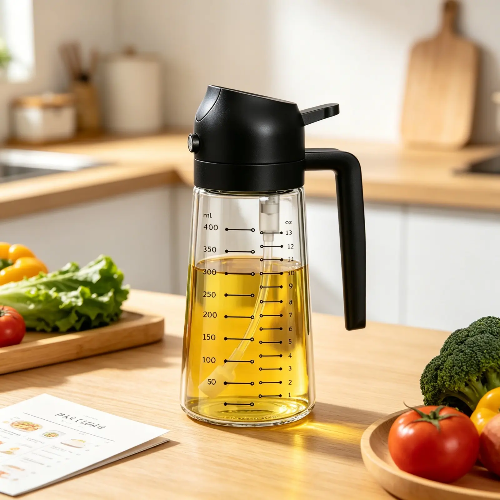 2-in-1 Transparent Food-Grade Spray Oil Dispenser & Cooking Oil Container (Pack of 3) with Handle, ML+OZ Scale, Kitchen Utensil for Air Fryer, Salads - Black Modern Kitchenware