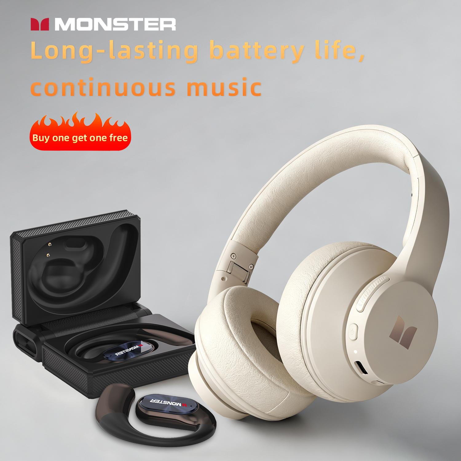 Monster Bluetooth Headphones Combo Set – Mission 100 Over-Ear Wireless Headphones with Deep Bass, Clear Sound & Noise Cancelling Mic + Monster Wireless Earbuds 100H Playtime, Bluetooth 6.0, IPX5 Waterproof, Foldable, Ideal for Travel, Work & Sports