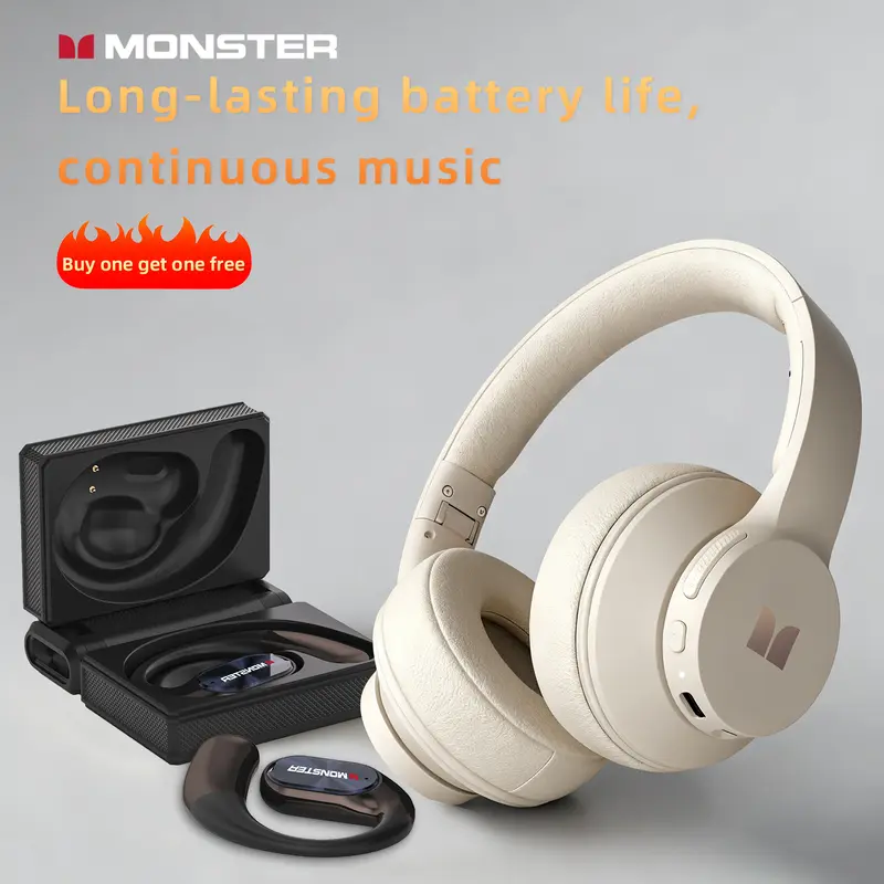 Monster Over-Ear Noise-Cancelling Module Wireless Headphones & Earbuds Combo Set (Black) - Portable Foldable, Deep Bass Punch, Waterproof Bluetooth 6.0 Earbuds with 100H Long Playtime, Cool Gifts for Adults, Ideal for Gym, Travel - TikTokShopBackToSchool