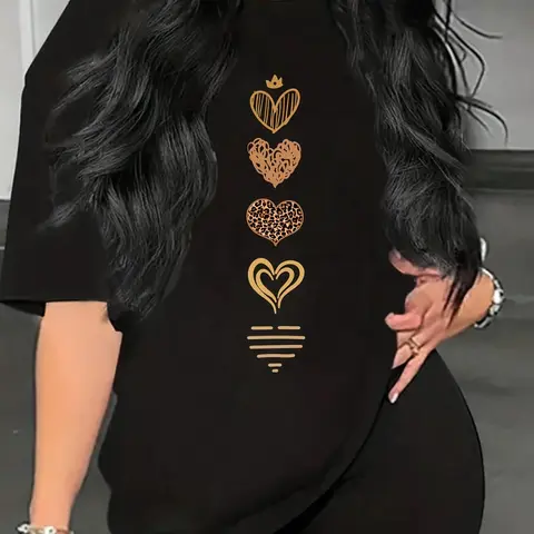Women's Clothes Short Sleeve Heart Printed Cotton T-Shirt - Crew Neck, Loose Fit, Moderate-Thick Breathable Fabric, Ideal for Commute, Plus Size Tshirt