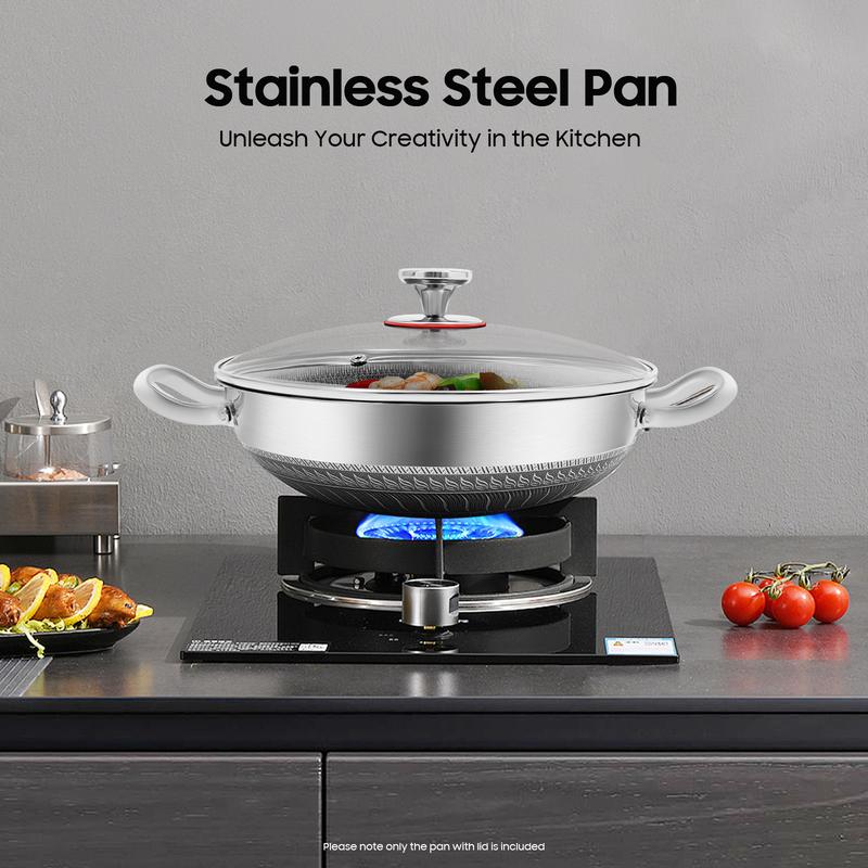 Professional 316 Stainless Steel Frying Pan Induction Compatible Non Stick Skillet for All Stovetops Gas Electric Ceramic Even Heating Restaurant Grade Cookware with Glass Lid