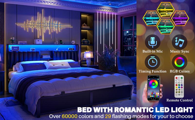 Aheaplus Bed Frame with Charging Station & Led Lights, Platform Bed with Leather Upholstered Headboard and Storage, Metal Slats Support No Box Spring Needed, Noise-Free Easy Assembly, King Size,Queen Size and Full Size to Choose