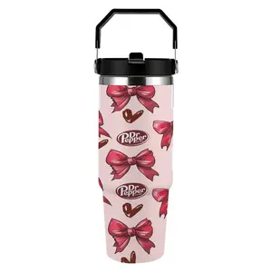 Coquette Dr Pepper-Inspired 30oz Insulated Tumbler Portable Car Cup with Dual Lid Design & Leakproof Straw Lid for Daily Commute