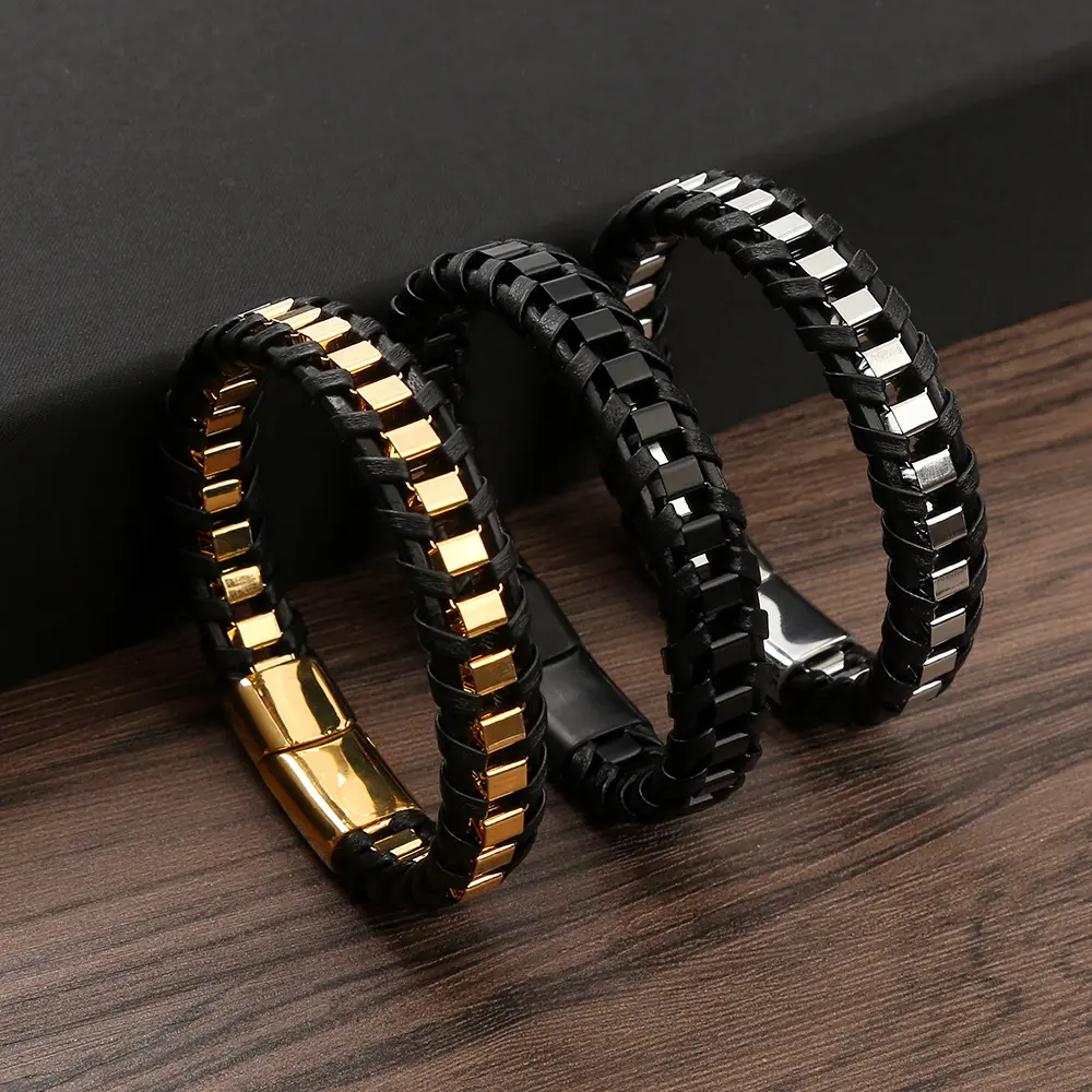 Men's Classic Water-Resistant Braided Leather Sports Wristband Bracelet - Supple Men's Accessory with Bold Rivet Detail, Square Metal Magnetic Clasp, Gold-Silver Finish for Sports, Business