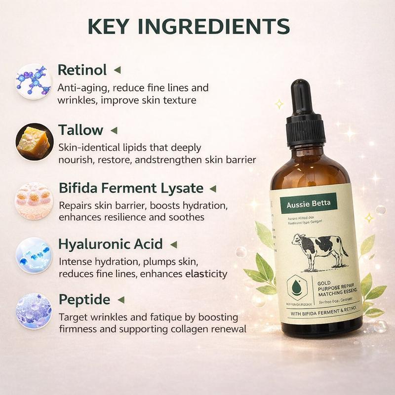Aussie Betta High Performance Golden Micro-Peptide Tallow Serum & Time-Repair Tallow Revitalizing Cream 100g Anti Aging Collagen Retinol for Fine Lines Dark Spots No Irritation Skin Repair Rejuvenating