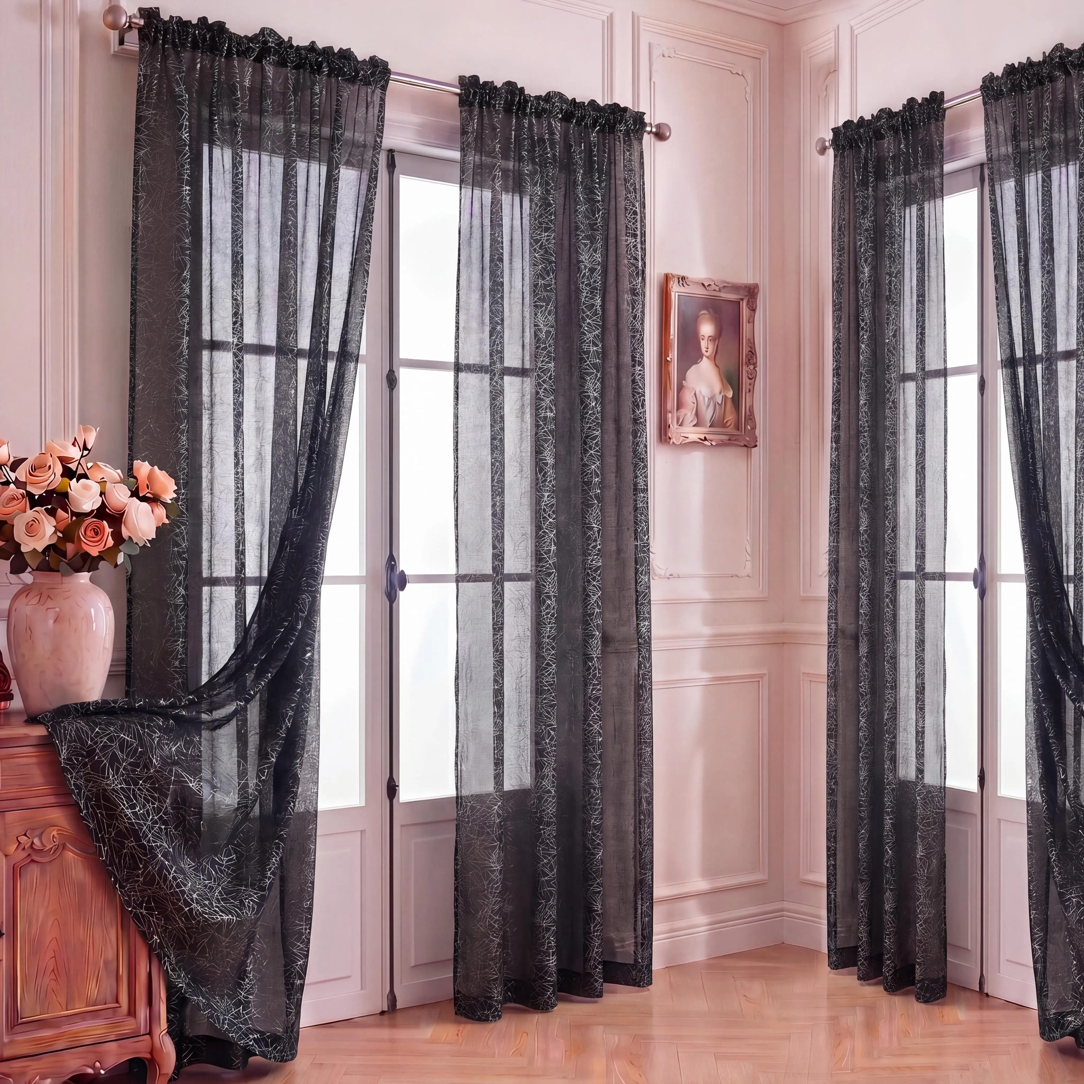 4 Panels 52"X84" Duoli Fabric Rod Pocket Sheer Curtains, Abstract Crisscross Silver Foil Stamping Print Light Filtering Metallic Window Drapes for Modern Minimalist Bedroom Living Room Decor, FT5001