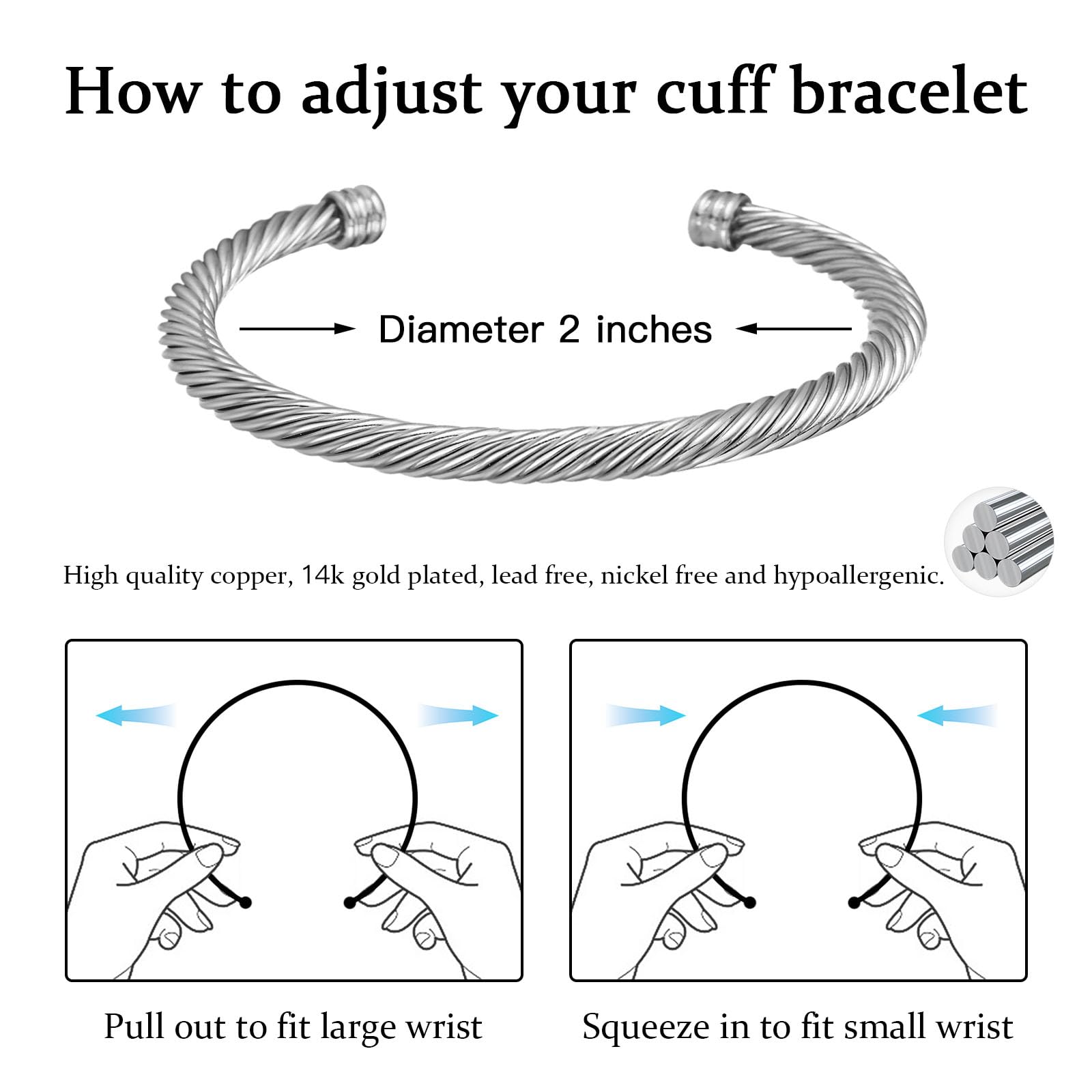 Mytys Elegant Stackable Cuff Bracelets for Women Gorgeous Twisted Cable Adjustable Copper Jewellery Accessories Hypoallergenic Trendy For All Match Faith Wear Jewelry