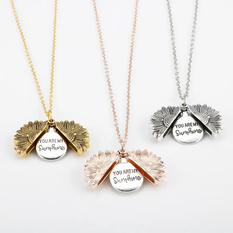Sunflower Locket Necklace for Women, Vintage 'You Are My Sunshine' Engraved Pendant on an Adjustable Chain, 25mm*25mm, 19g, Ancient Gold, 45Cm*7Cm, Casual, Chain & Link