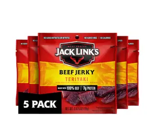 Jack Link's Beef Jerky, Teriyaki, Multipack Bags - Flavorful Meat Snacks for Lunches, Ready to Eat Protein Snacks, Individual Packs - 7g of Protein, Made with 100% Beef - 0.625 oz (Pack of 5)