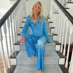 Loungewear set suitable for wearing outside Denim Dreams Pajama Set For Women,Soft Washed Denim Style Loungewear Set,Cozy Pajama Top And Bottoms For Relaxed Sleep