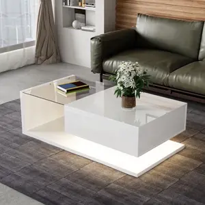 Modern Glass Top Side Table- storage cabinet &Coffee Table, White Minimalist Design