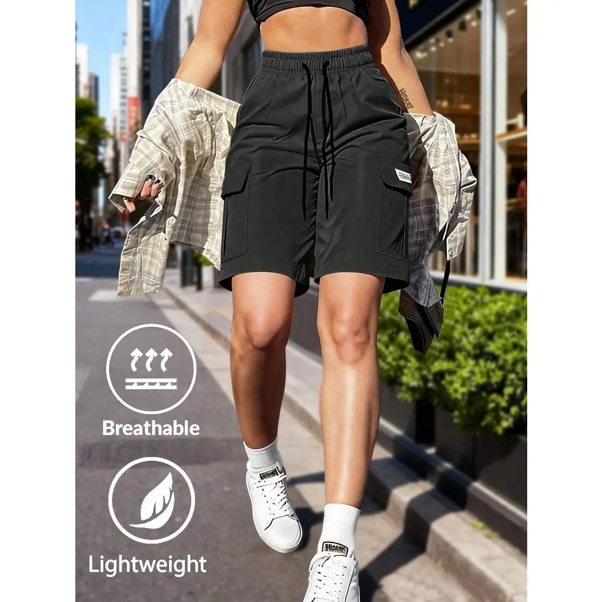 Lady's Knitted Fabric Bermuda Cargo Bottoms - Women's Summer Casual Solid Color Shorts with Drawstring Waist, Large Patch Pockets, Suitable for Outdoor Leisure, Sports, Comfortable, Seamless